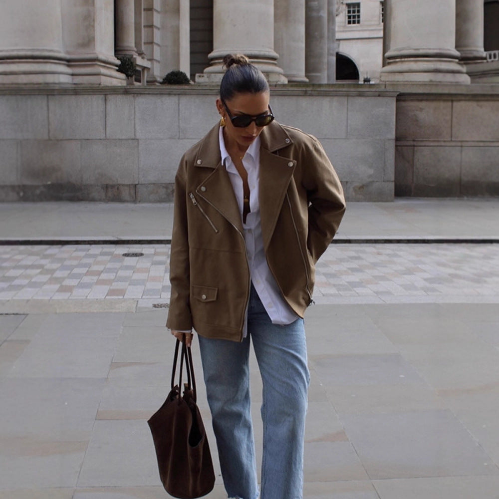 Women Oversize Biker Jacket made of suede imitation with asymmetric zipper Mune Fashion