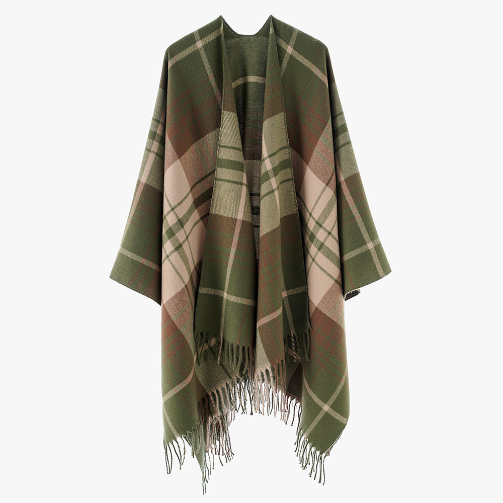 Women's Pure Wool Look Throw in Tartan Check with Open Front and Fringed Hem Mune Fashion