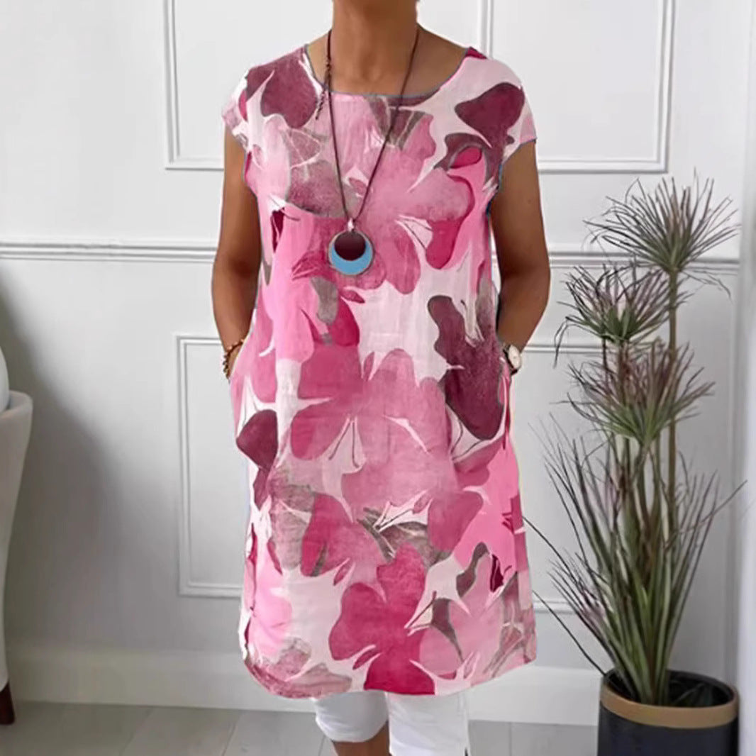 Ladies' airy tunic midi dress made of linen blend with watercolor flower print and side pockets Mune Fashion