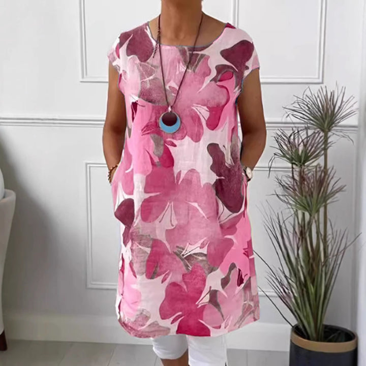 Ladies' airy tunic midi dress made of linen blend with watercolor flower print and side pockets Mune Fashion