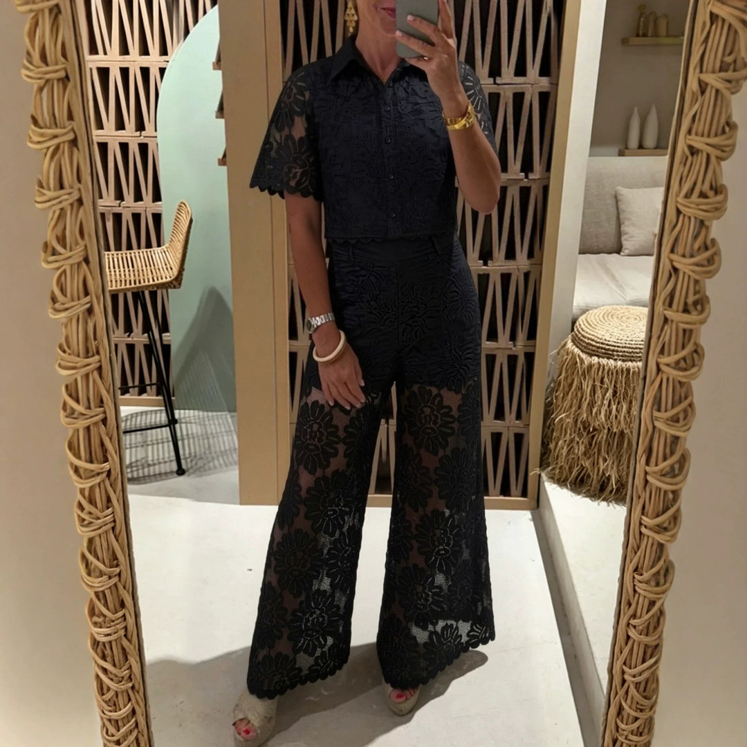 Women's elegant lace combination with short-sleeved blouse, scalloped hem, and tailored palazzo pants with tie belt Mune Fashion