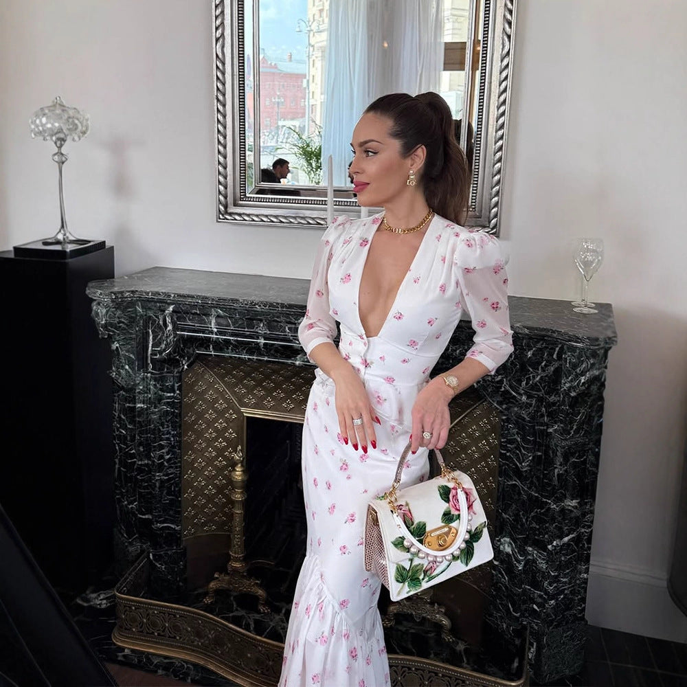 Women's Floral Satin Midi Dress with Deep V-Neck, Puff Sleeves, and Tailored Gathering Mune Fashion
