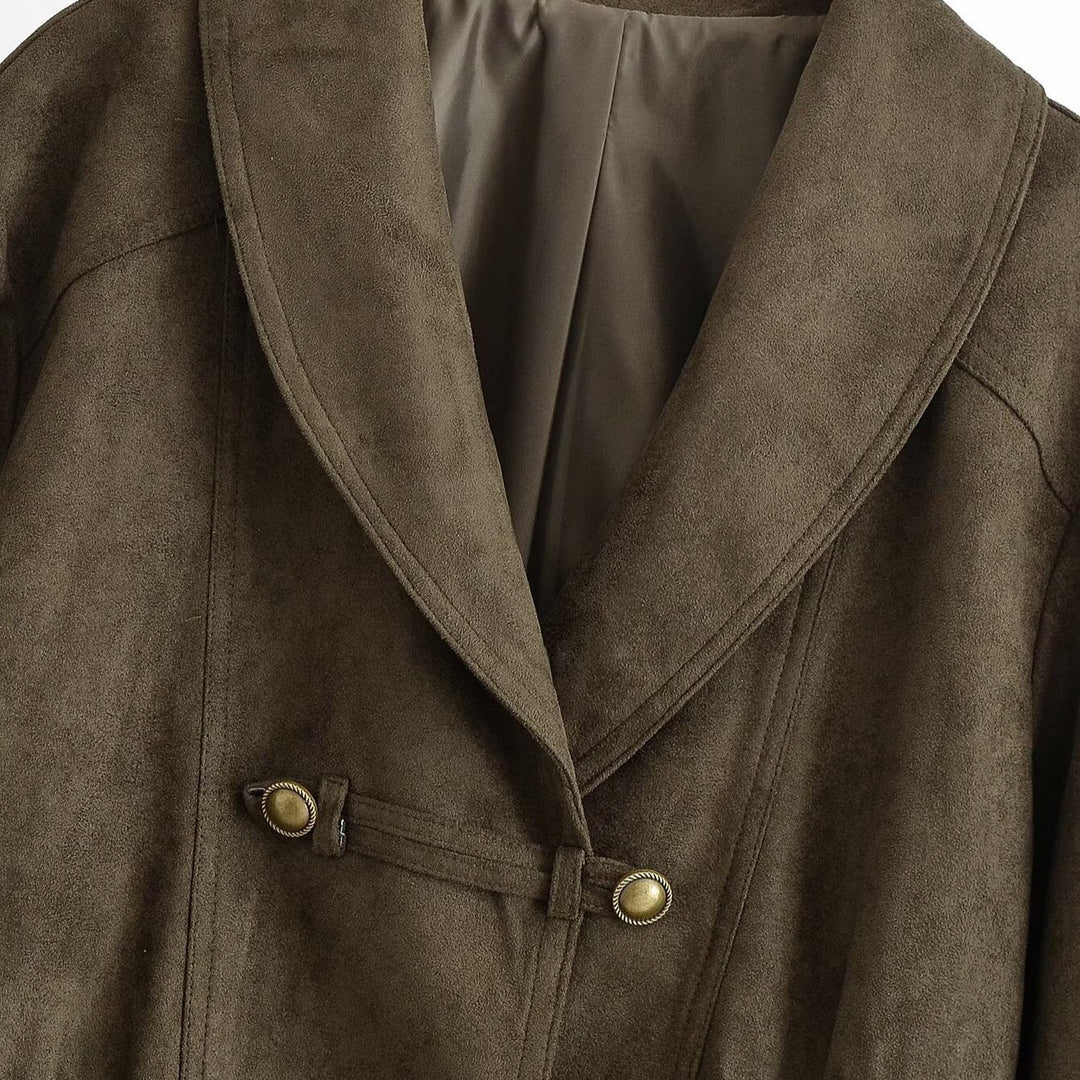 Women's Cropped Suede-Look Jacket with Shawl Collar, Waist Gather and Decorative Toggle Buttons Mune Fashion