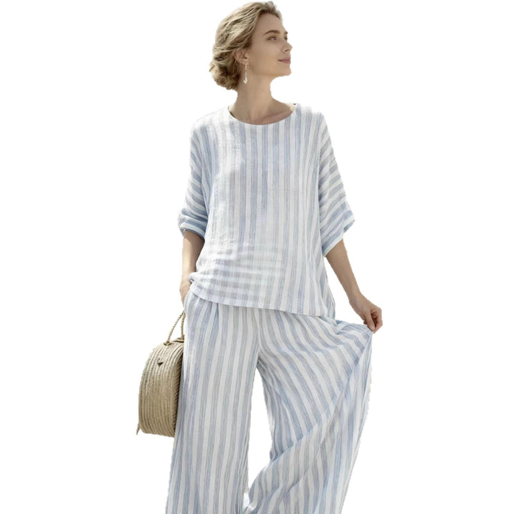 Women's Two-Piece Striped Linen-Look Lounge Set with Oversized Blouse and High-Waist Palazzo Pants