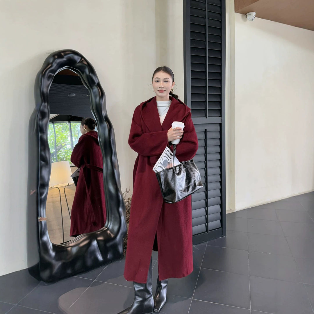Women Oversize Wool Coat with Shawl Collar and Concealed Button Placket Mune Fashion