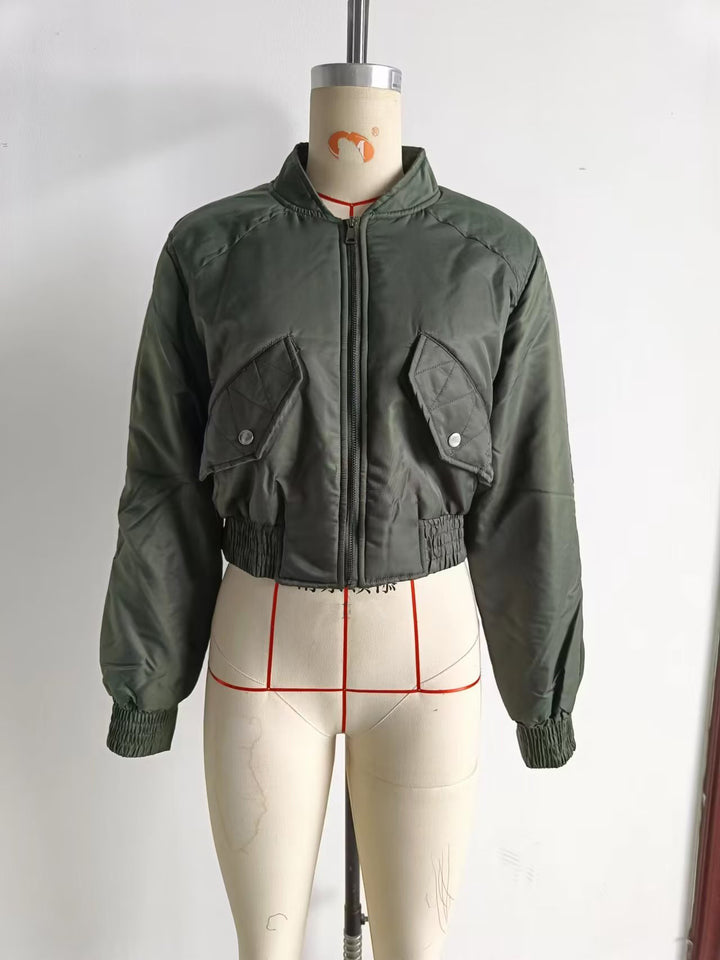 Ladies nan cropped bomber jacket with stand-up collar, padded interior and applied flap pockets Mune Fashion