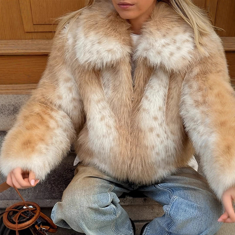 Women's Boxy Faux Fur Jacket with Two-Tone Shag Look and Notched Collar Mune Fashion