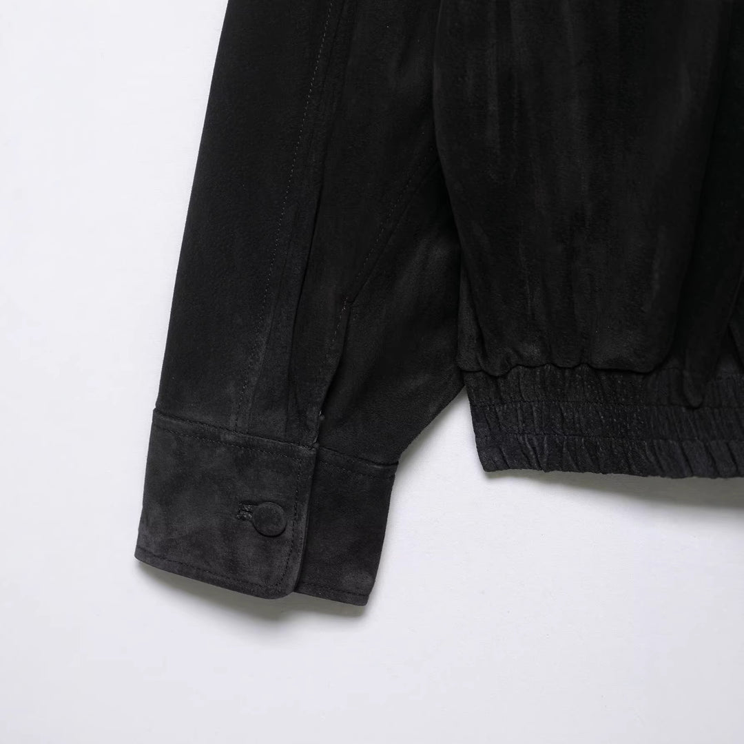 Men's suede jacket with high stand collar, asymmetrical button placket, and elastic hem Mune Fashion
