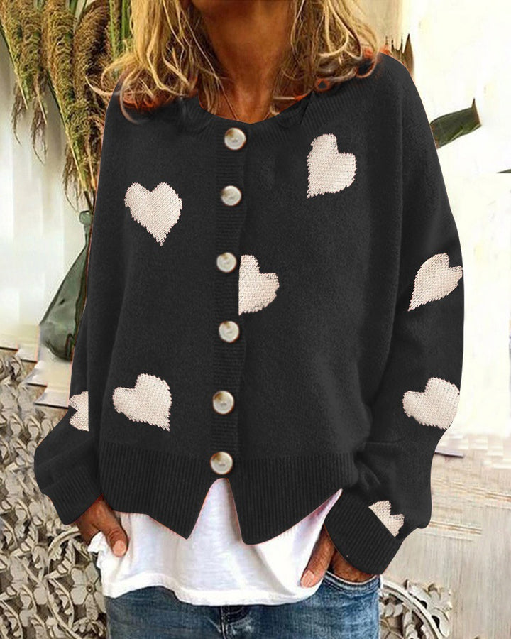 Women Buttoned Oversized Knitted Cardigan with Heart Jacquard and Pearl Buttons Mune Fashion