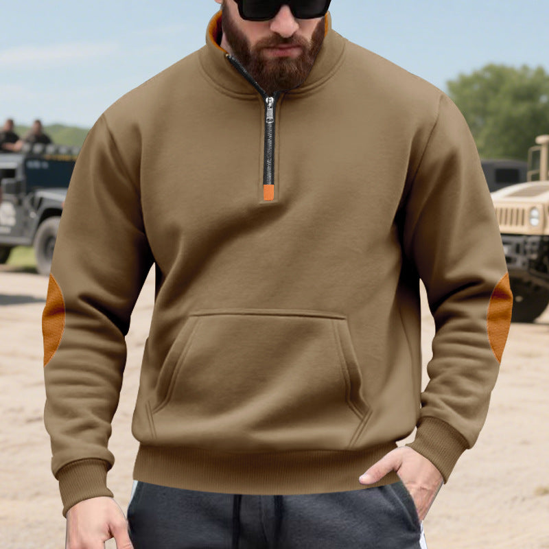 Men's half-zip sweatshirt with stand-up collar, kangaroo pocket, and contrasting elbow patches Mune Fashion