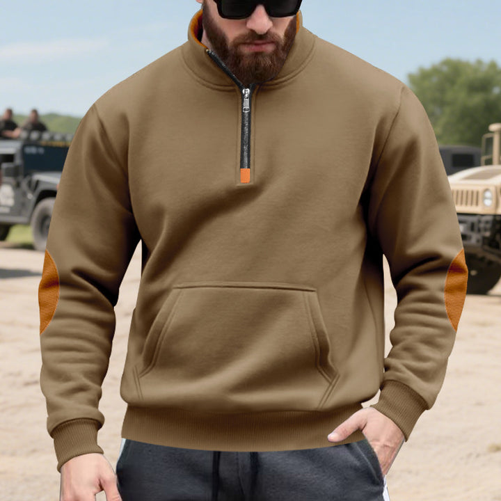 Men's half-zip sweatshirt with stand-up collar, kangaroo pocket, and contrasting elbow patches Mune Fashion