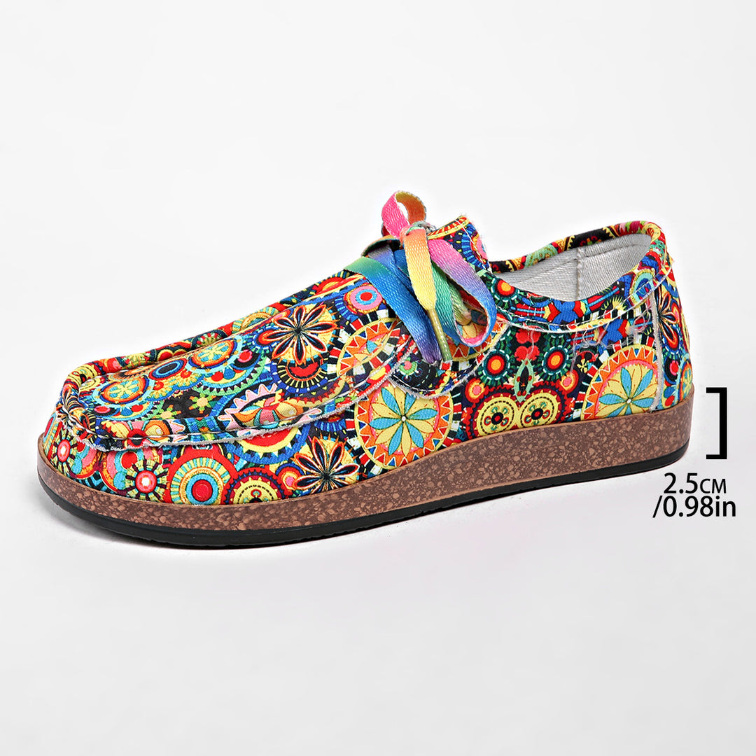 Ladies Comfortable Platform Slippers in Ethno Print with Cork Look Sole Mune Fashion