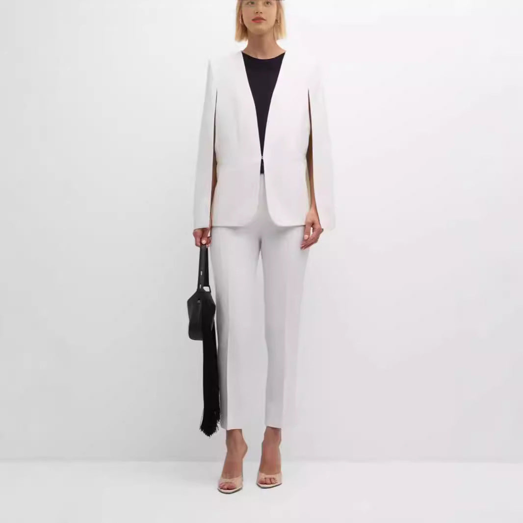 Women Elegant Cape Blazer Set with Open Sleeve Slot and Slim Suit Trousers Mune Fashion