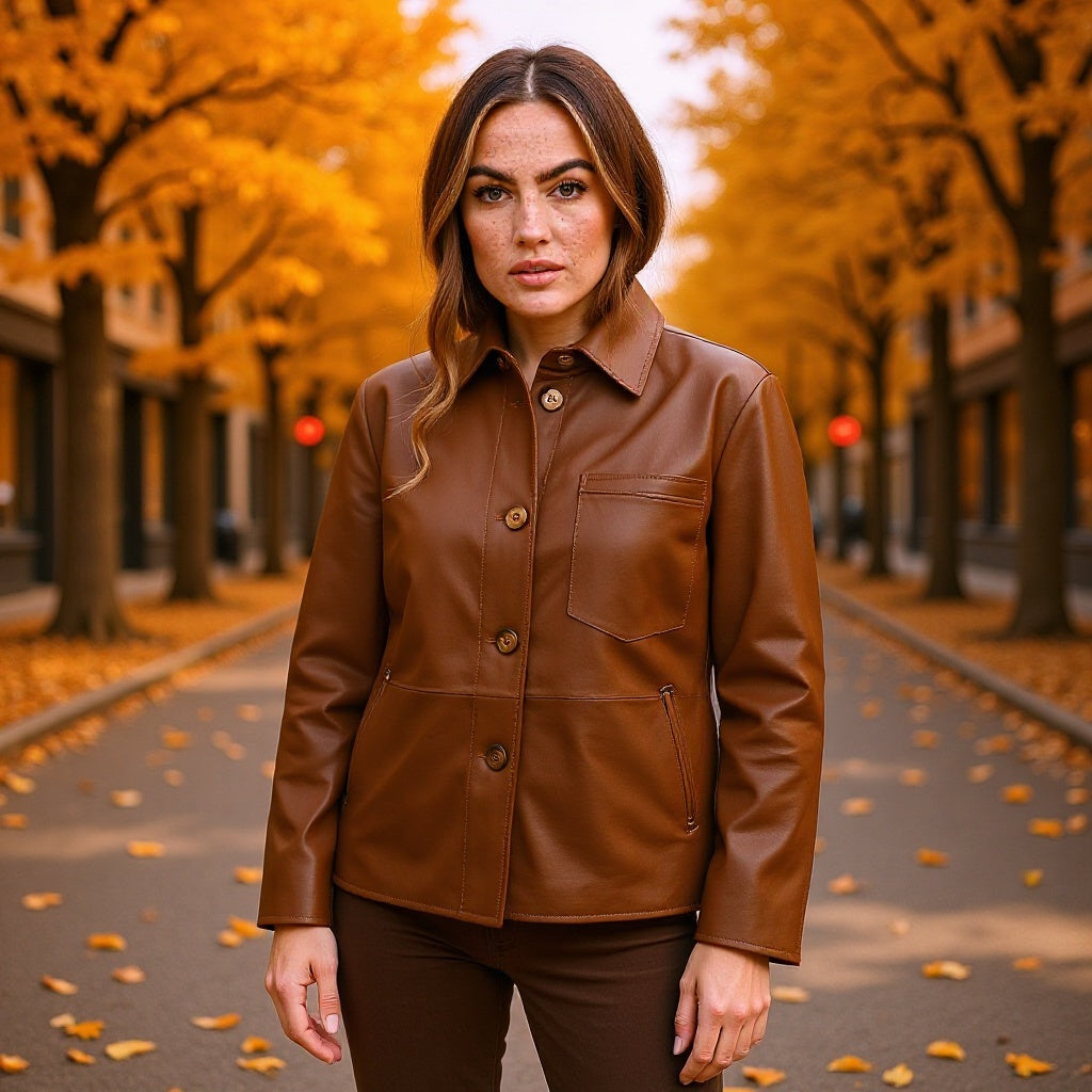 Women's Overshirt Jacket in Leather Look with Attached Breast Pocket and Concealed Button Placket Mune Fashion