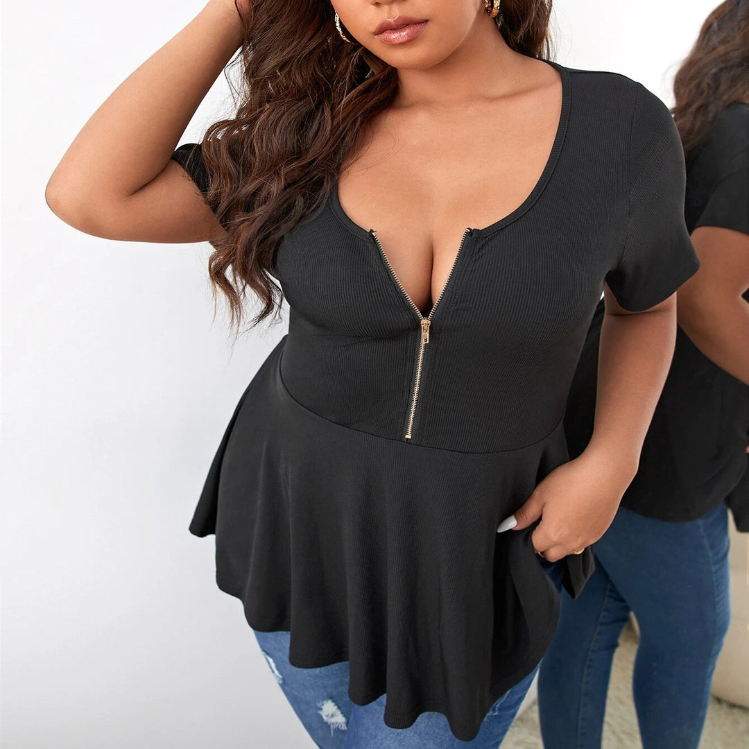 Ladies Ribbed Zip Peplum Top with Deep V Neck Mune Fashion
