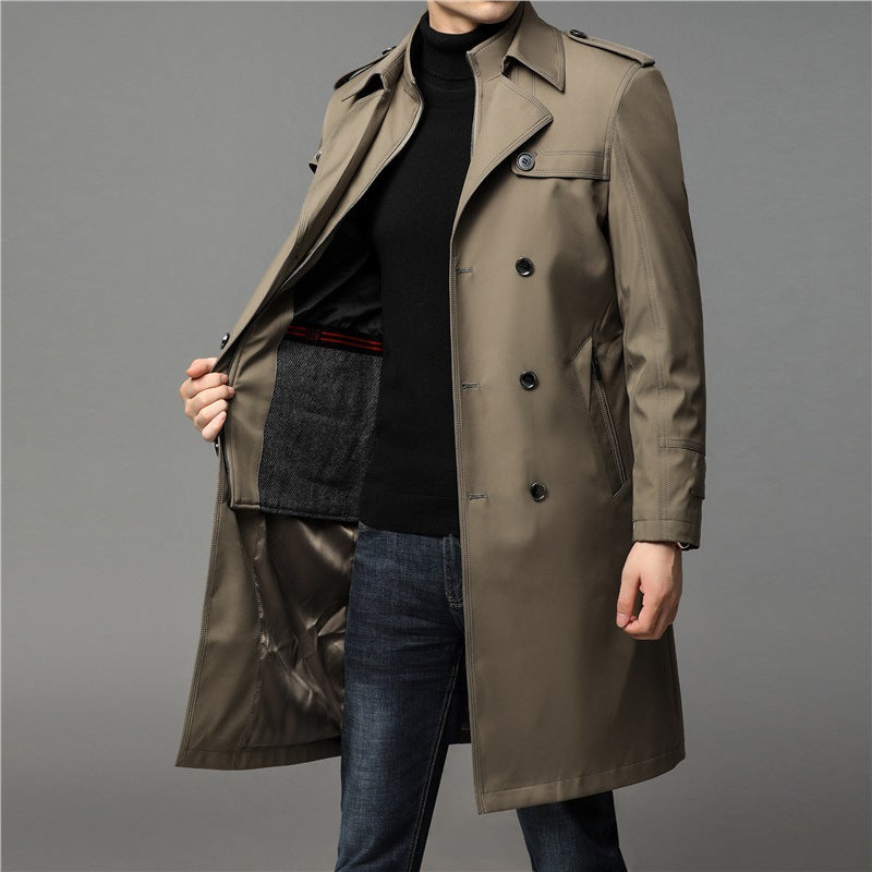 Men's knee-length trench coat with double-breasted button placket and epaulettes Mune Fashion