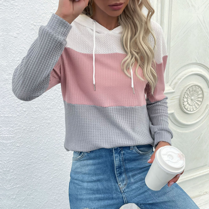 Women's Casual Knit Hoodie with Colorblock, Drawstring and Fine Waffle Pattern Mune Fashion