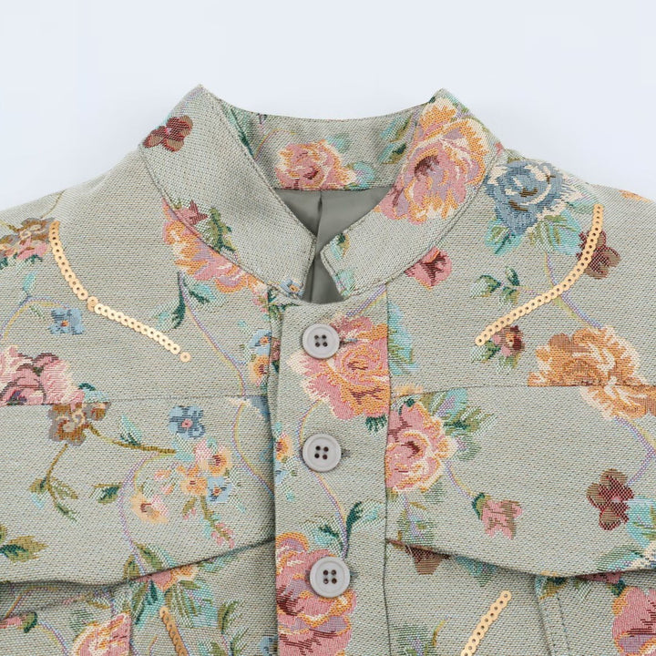 Women's Embroidered Jacquard Short Jacket with Mandarin Collar and Flap Pockets Mune Fashion