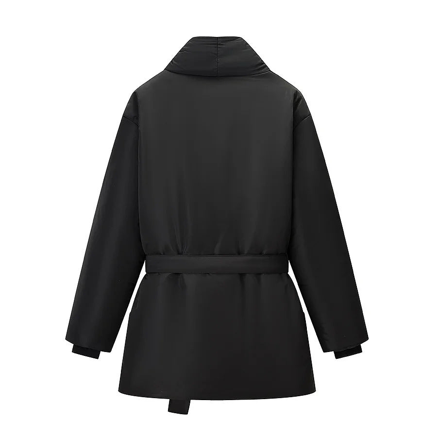 Women's nano quilted jacket with shawl collar, tie belt, and patch pockets Mune Fashion
