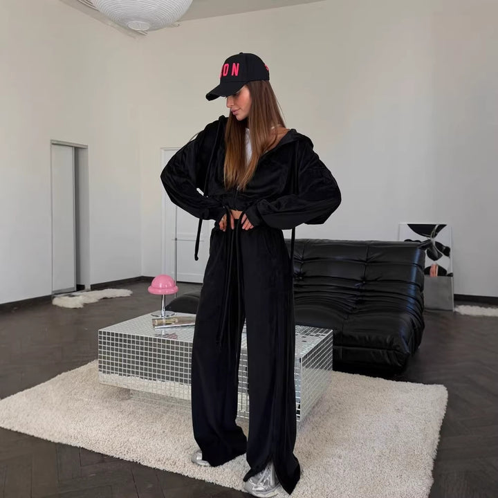 Women's Cropped Hoodie with Drawstring and Wide Split Pants Lounge Set Mune Fashion