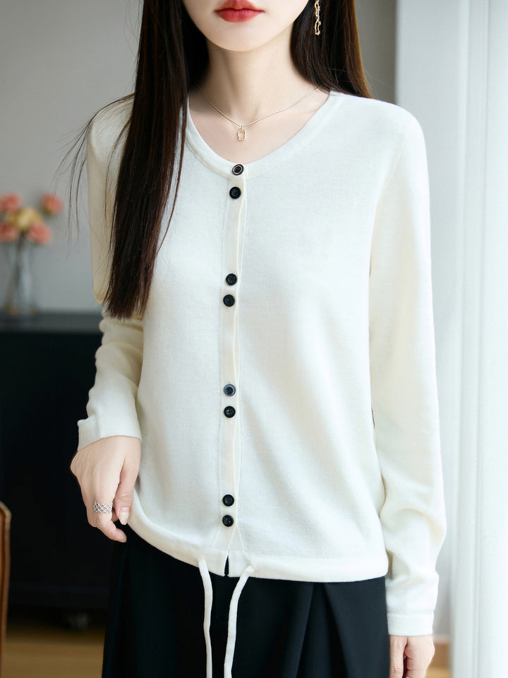 Women Lightweight Fine Knit Button Placket Cardigan with Round Neck Mune Fashion