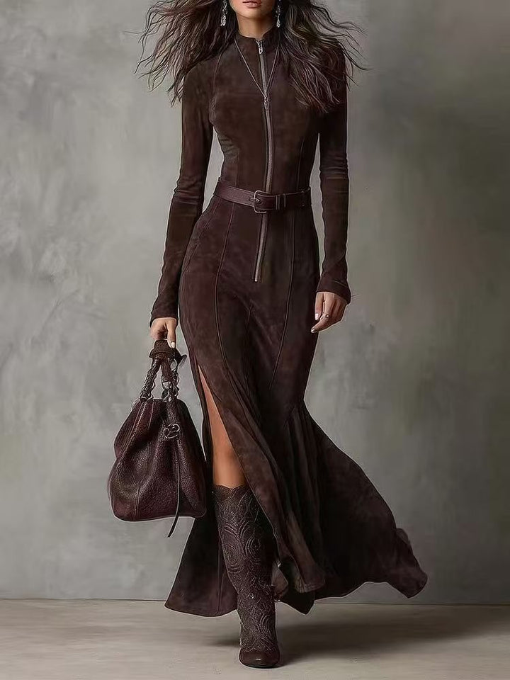 Women's Figure-Hugging Midi Dress Made of Faux Suede with Stand-Up Collar and Central Zipper Mune Fashion