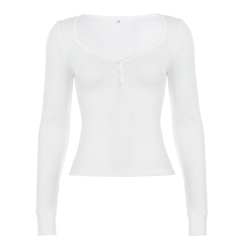 Women's form-fitting ribbed long sleeve Henley top with deep V-neck and button placket Mune Fashion