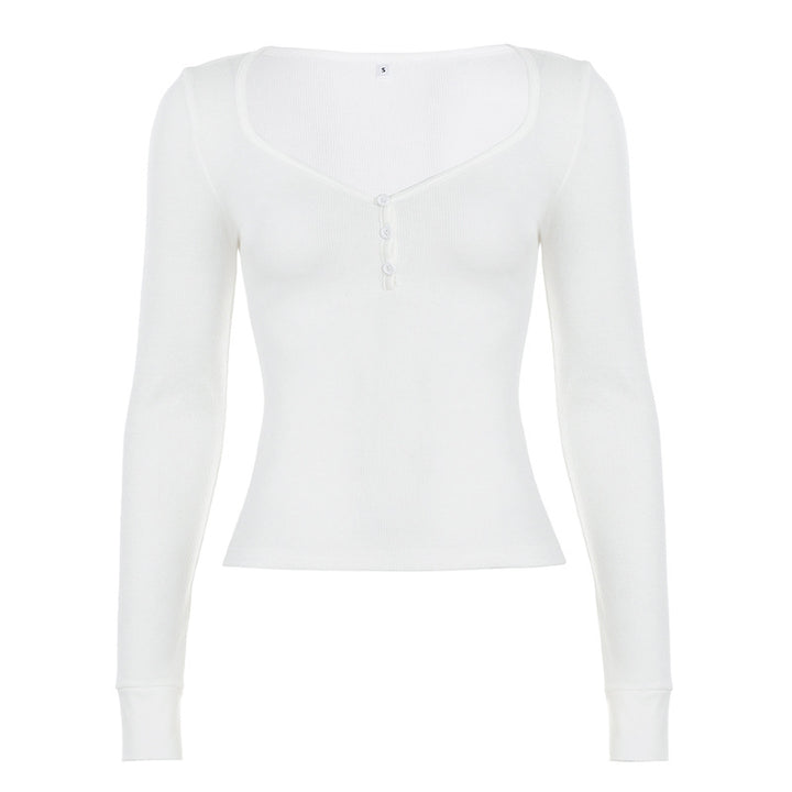 Women's form-fitting ribbed long sleeve Henley top with deep V-neck and button placket Mune Fashion