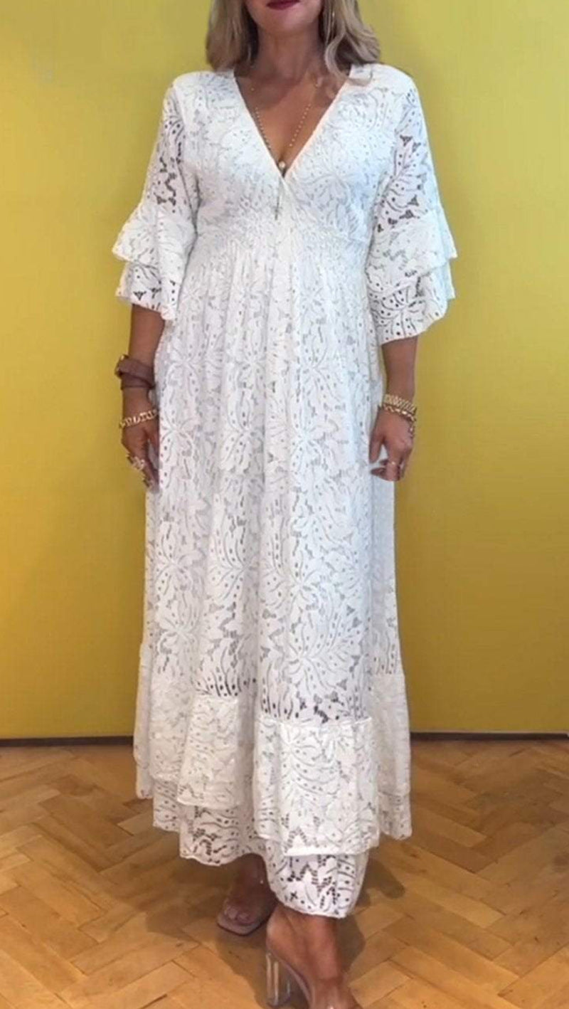 Women’s Boho Lace Maxi Dress with V-Neck, Underbust Seam, and Tiered Ruffle Sleeves Mune Fashion
