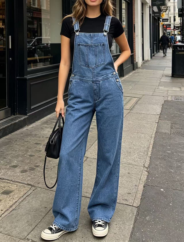 Women's wide denim overalls with high waist, adjustable straps and casual flared legs Mune Fashion
