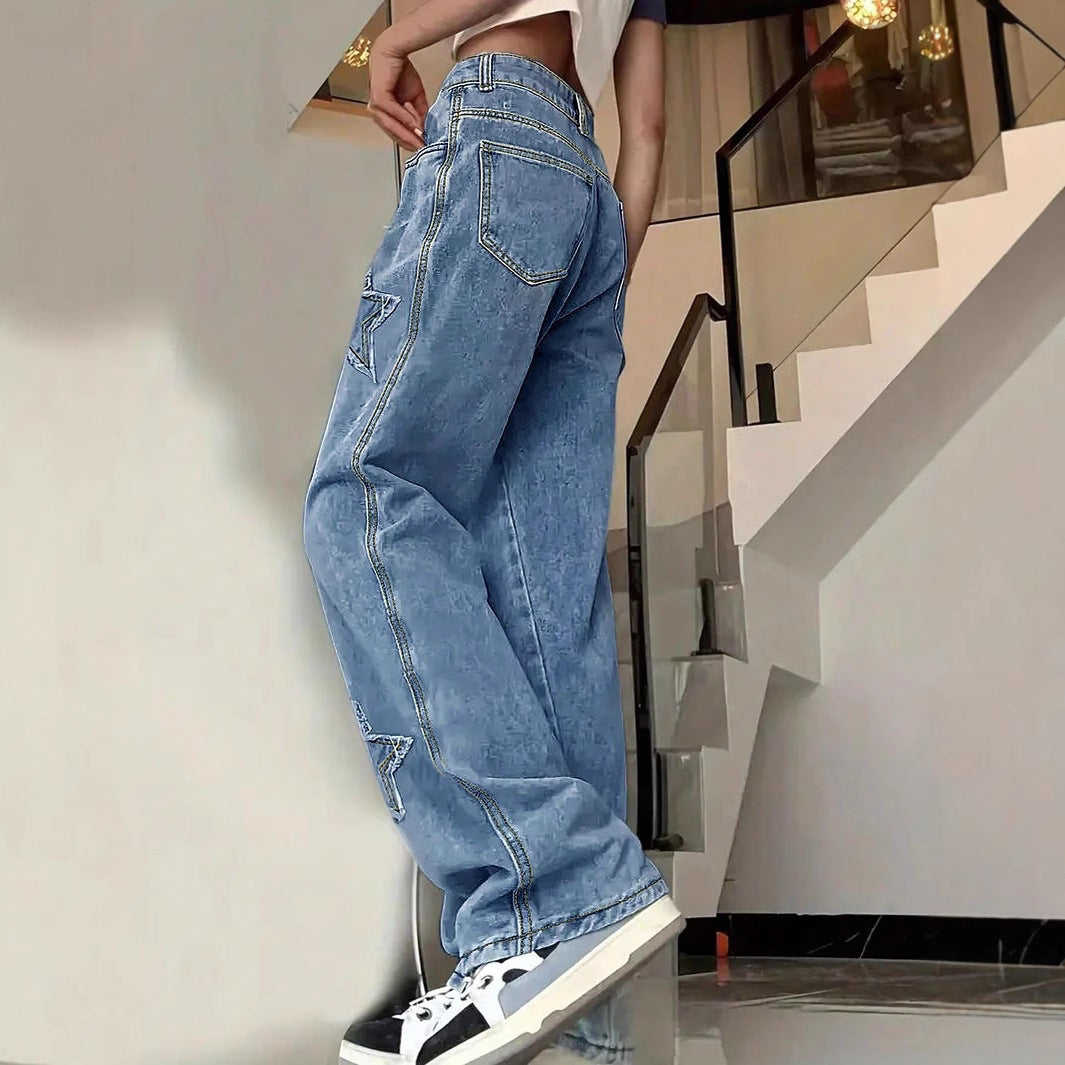 Women's extra-wide baggy jeans made of lightweight denim with star appliqués and extended silhouette Mune Fashion