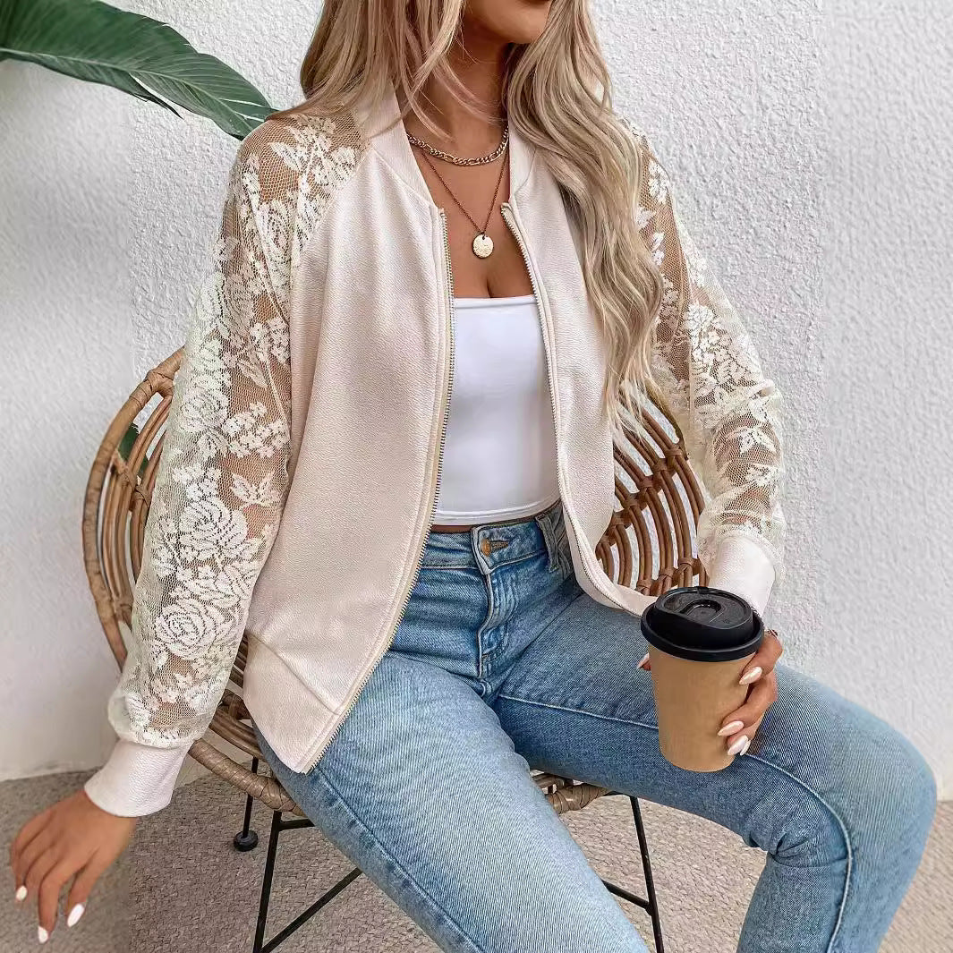 Women's lightweight bomber jacket with floral lace sleeves and zipper Mune Fashion