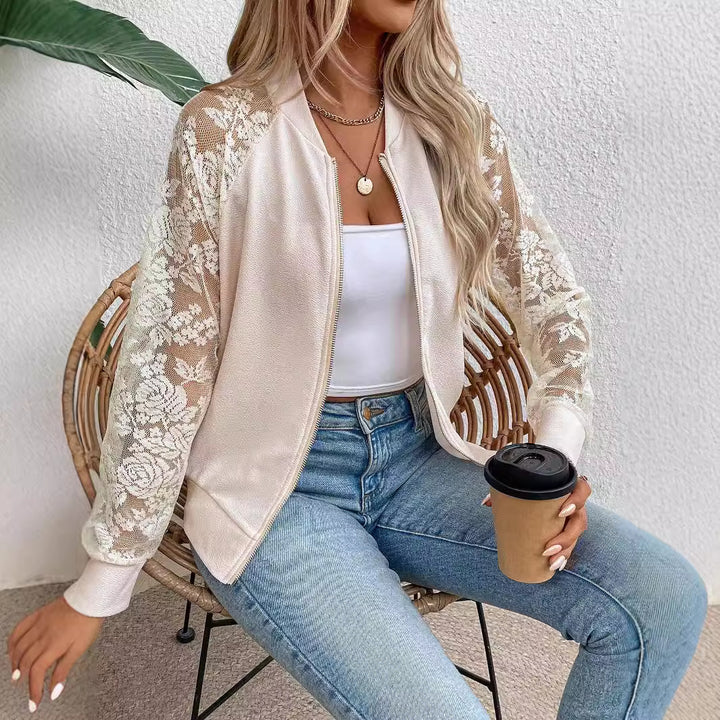 Women's lightweight bomber jacket with floral lace sleeves and zipper Mune Fashion