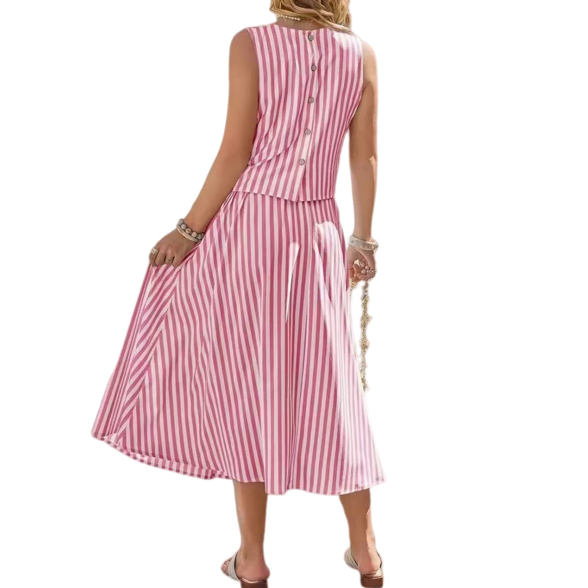 Women's Sleeveless Midi Dress with High Waist and Flared Pleated Skirt Mune Fashion