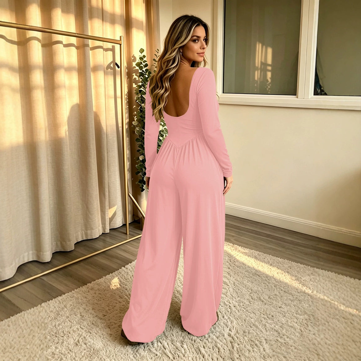Ladies Long Jumpsuit with Wide Leg, Deep Round Neck and Side Pockets Mune Fashion