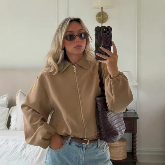 Ladies short fitted bomber jacket with shirt collar, concealed zipper and elastic hem Mune Fashion