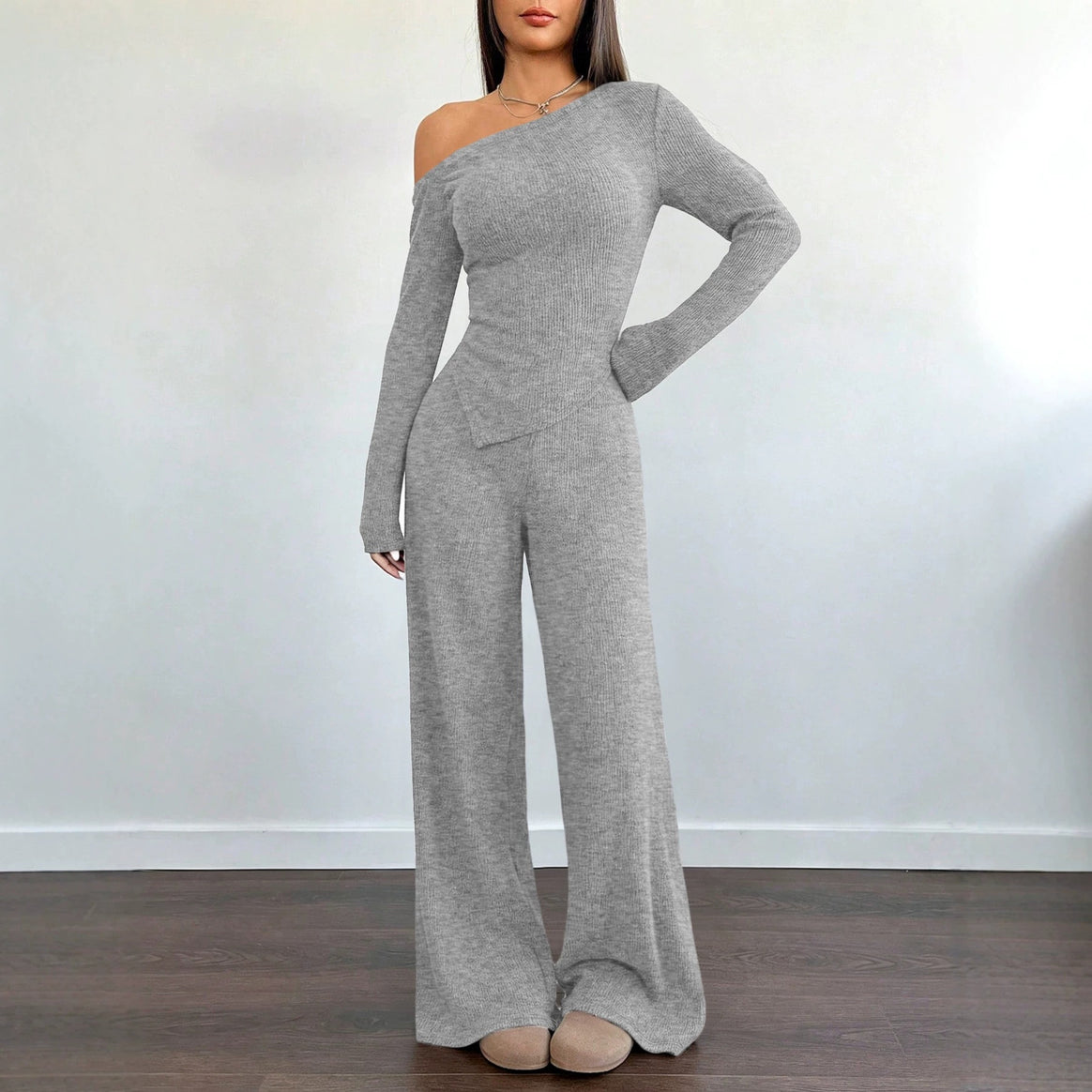 Women's Asymmetrical Knit Lounge Set with One-Shoulder Top and Wide Leg Mune Fashion