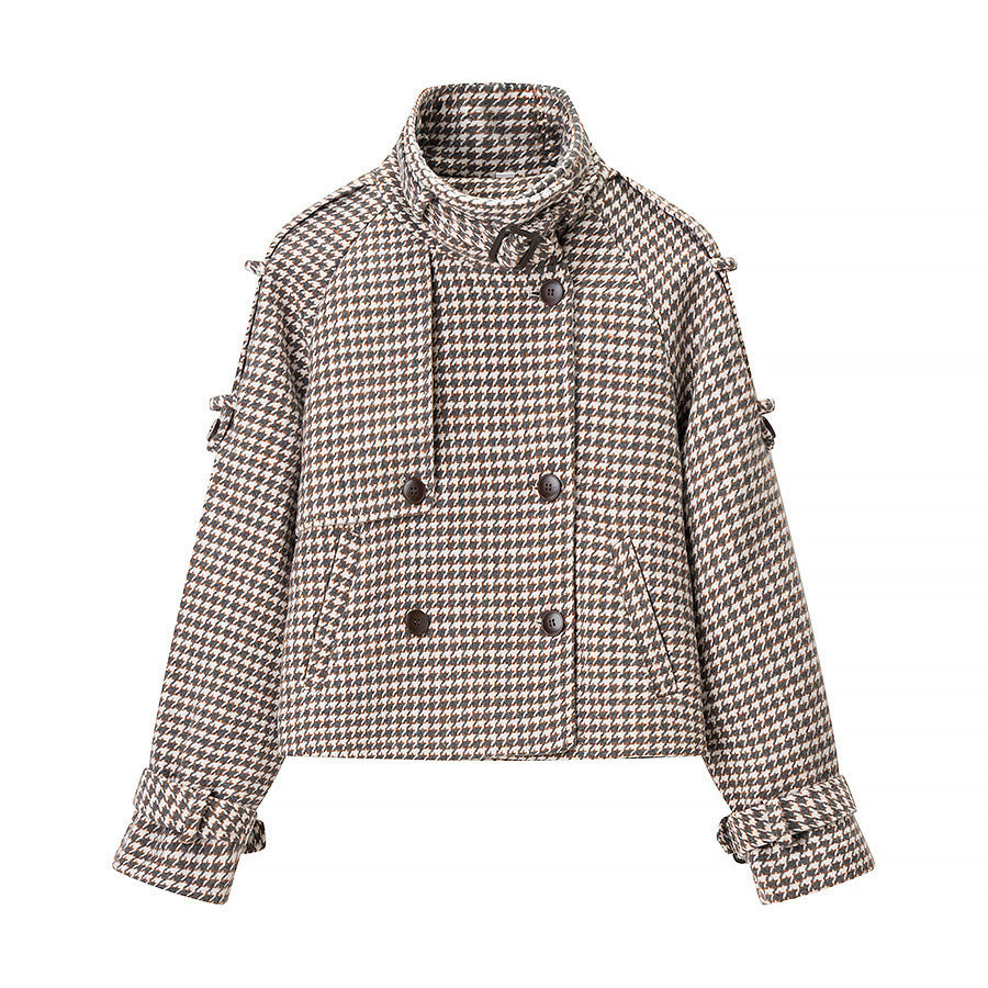 Women Oversize Trench Coat with Houndstooth Pattern, High Stand Collar and Shoulder Epaulettes Mune Fashion