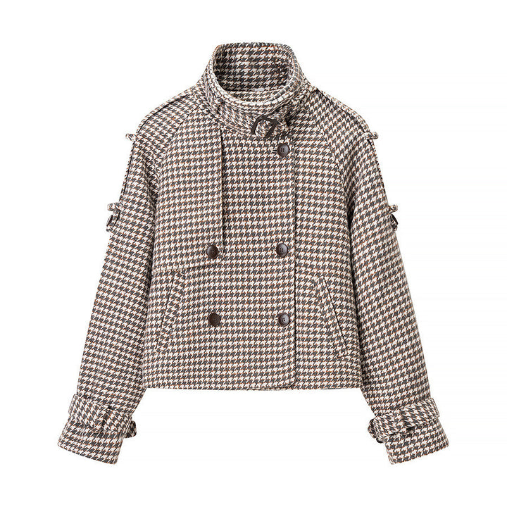 Women Oversize Trench Coat with Houndstooth Pattern, High Stand Collar and Shoulder Epaulettes Mune Fashion