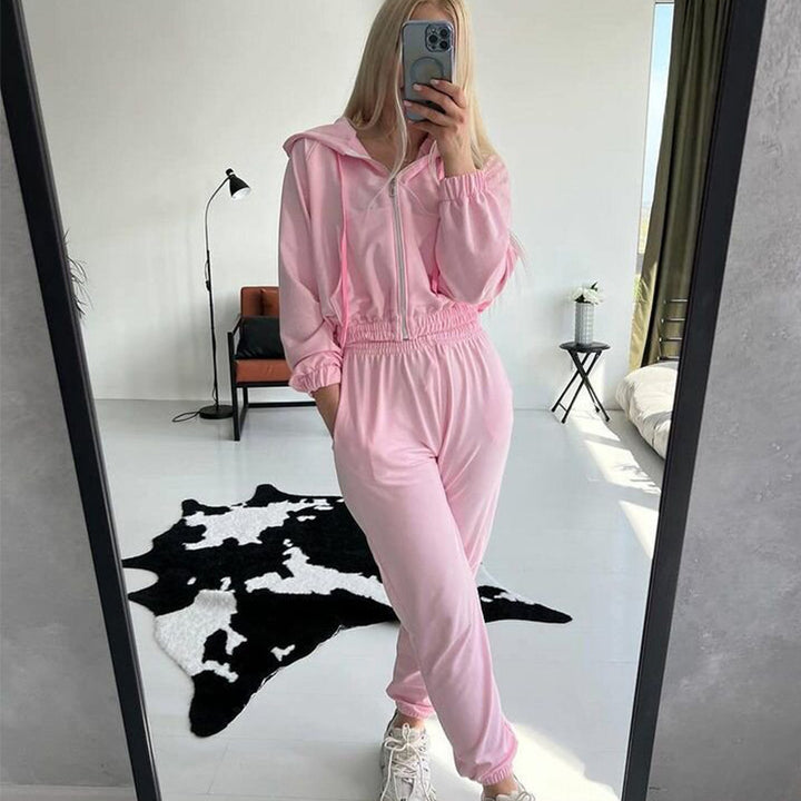 Women Cropped Zip Hoodie with Elastic High-Waist Jogging Pants Mune Fashion