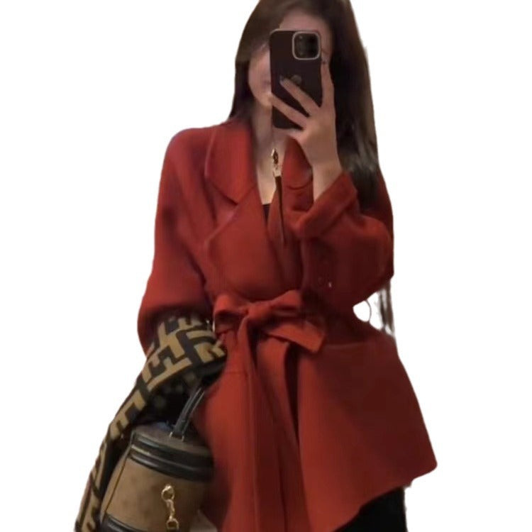 Ladies Short Wrap Coat made of Wool Mix with Ties and Wide Lapels Mune Fashion