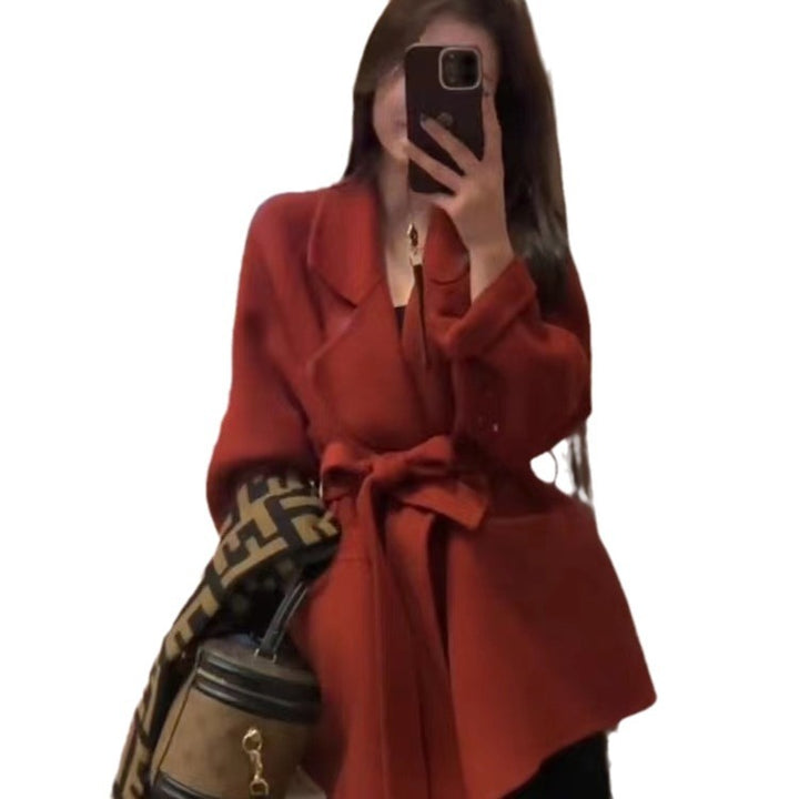 Ladies Short Wrap Coat made of Wool Mix with Ties and Wide Lapels Mune Fashion