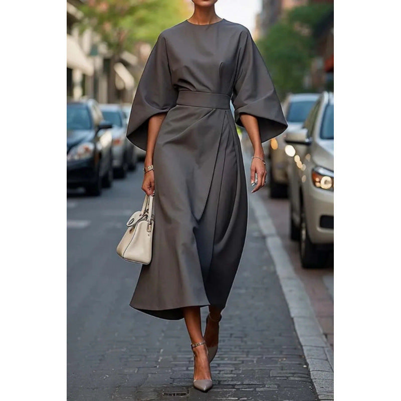 Ladies Elegant Midi Dress with Wide Kimono Sleeves and Fitted Wrap Waist Mune Fashion