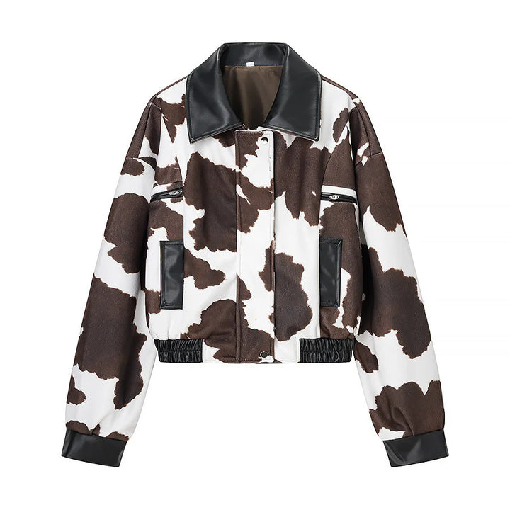 Women's short-cut bomber jacket in cow print with faux leather trim Mune Fashion