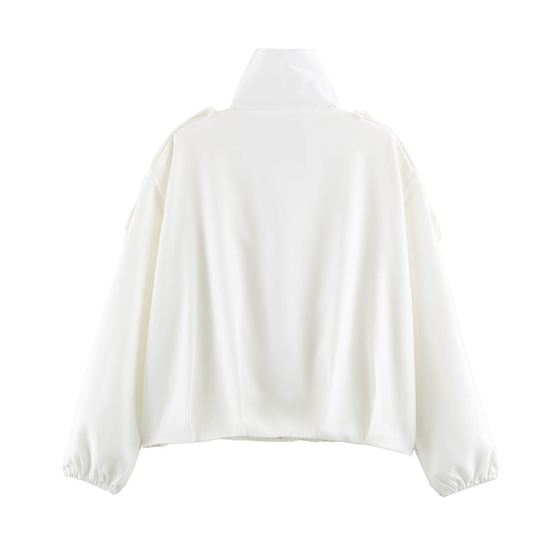 Women's short jacket in oversized bomber style with high stand-up collar and shoulder patches Mune Fashion