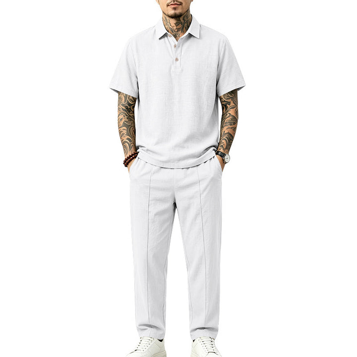 Men's Lightweight Linen Look Loungewear Set with Polo Collar and Pleats Mune Fashion