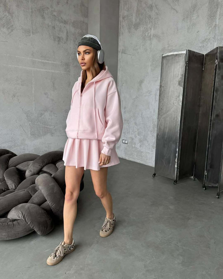 Women's Short Zip Hoodie with Pleated Mini Skirt Lounge Set Mune Fashion