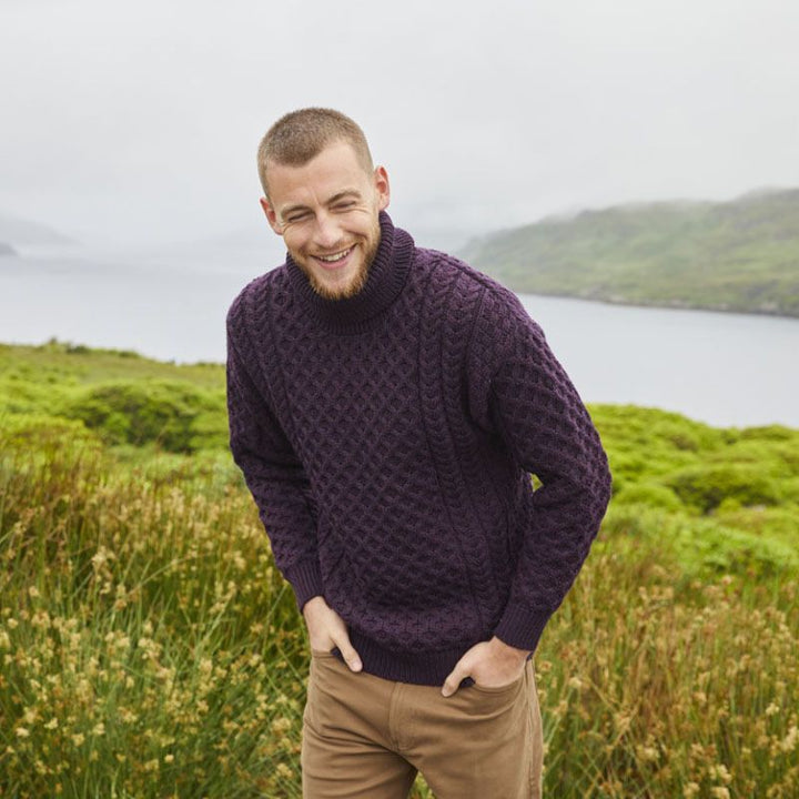 Men's knit pullover with stand-up collar and cable pattern