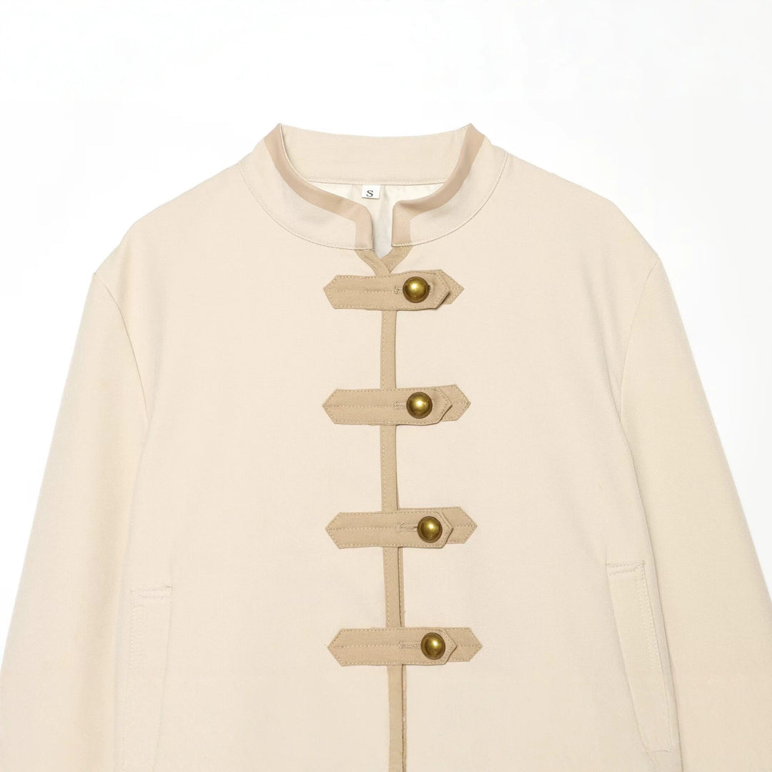 Women's Short Fitted Jacket with Mandarin Collar and Decorative Tabs Mune Fashion