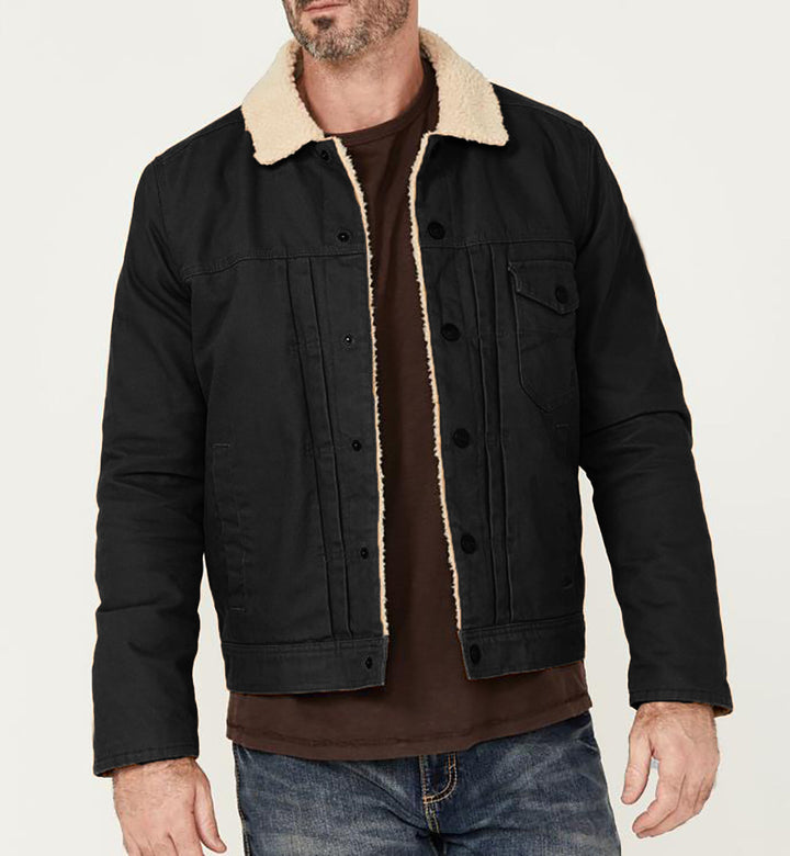 Men's Canvas Trucker Jacket with Teddy Lining and Cord Collar Mune Fashion